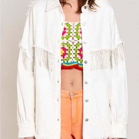 Veveret White Fringe Rhinestone Denim Tassel Jacket Size Large - Picture 6 of 16